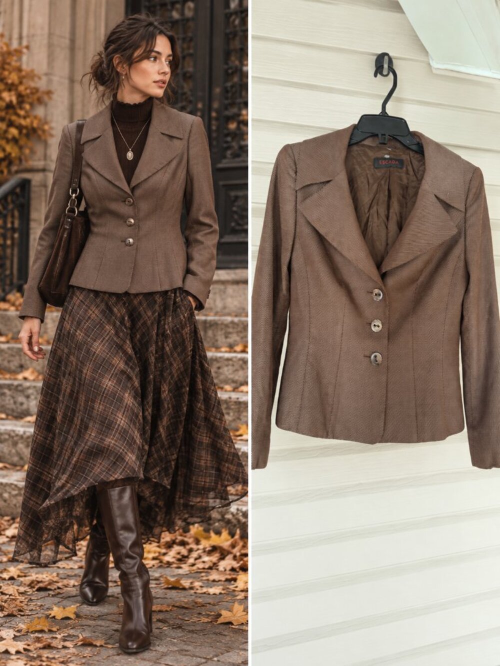 Escada Brown Micro Textured Wool Silk Tailored Blazer Quiet Luxury M